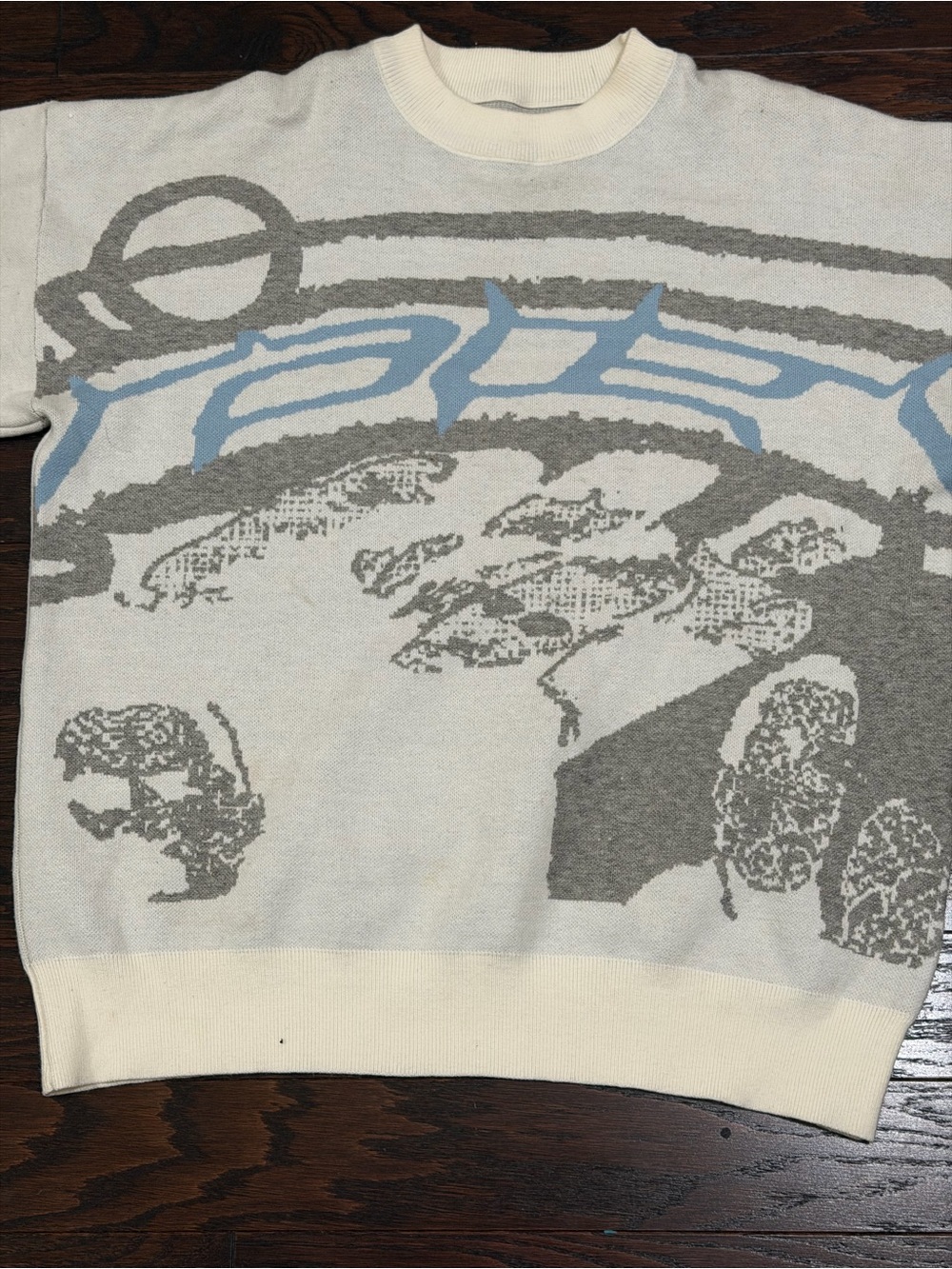 Men's Cream Crewneck Sweater with Light Blue & Gray Graphic